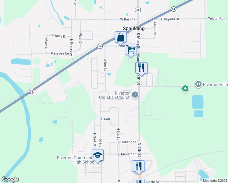 map of restaurants, bars, coffee shops, grocery stores, and more near 46 Mueller Court in Riverton