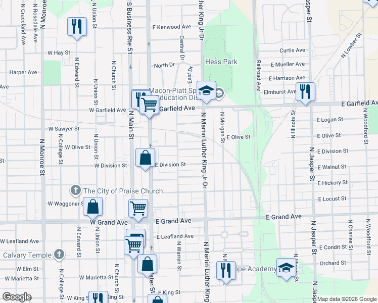 map of restaurants, bars, coffee shops, grocery stores, and more near 451 East Olive Street in Decatur