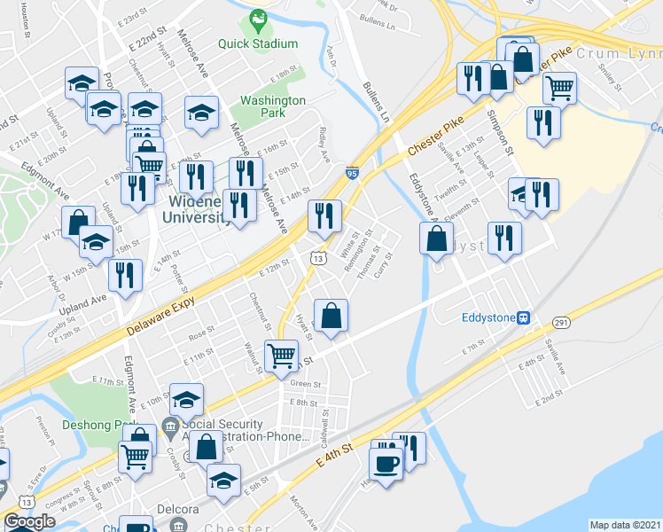 map of restaurants, bars, coffee shops, grocery stores, and more near 1109 Baldwin Street in Chester