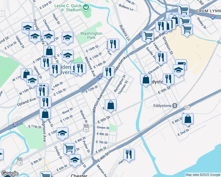 map of restaurants, bars, coffee shops, grocery stores, and more near 1109 Baldwin Street in Chester