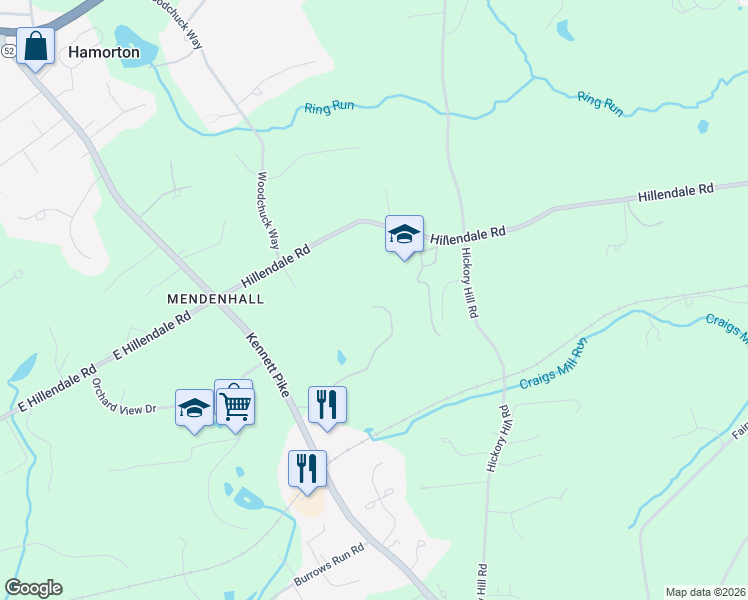 map of restaurants, bars, coffee shops, grocery stores, and more near 104 Timber Ridge Lane in Chadds Ford