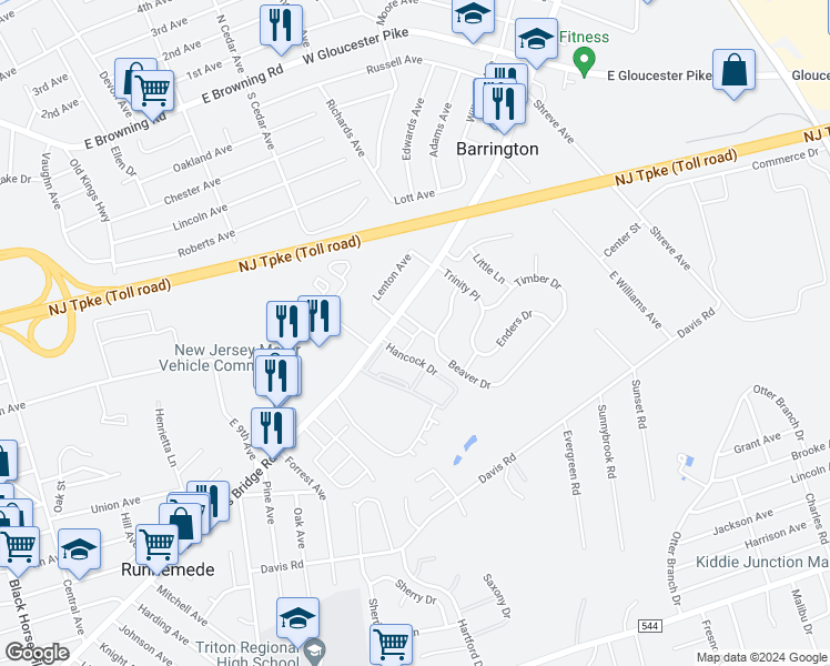 map of restaurants, bars, coffee shops, grocery stores, and more near 5 Barr Drive in Barrington