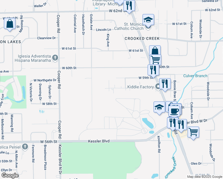 map of restaurants, bars, coffee shops, grocery stores, and more near 2453 West 58th Street in Indianapolis