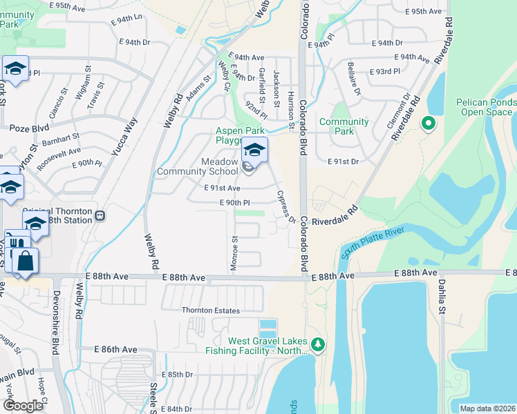 map of restaurants, bars, coffee shops, grocery stores, and more near 3646 East 90th Place in Thornton