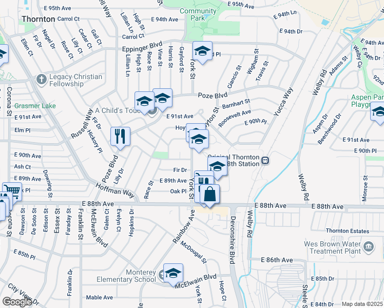 map of restaurants, bars, coffee shops, grocery stores, and more near 8980 York Street in Thornton