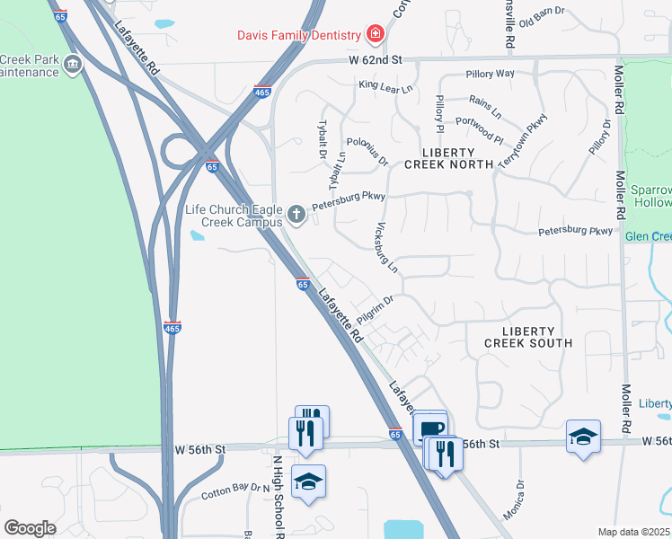 map of restaurants, bars, coffee shops, grocery stores, and more near 5836 Hunnewell Drive in Indianapolis