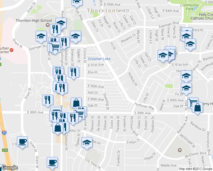 map of restaurants, bars, coffee shops, grocery stores, and more near 1221 East 90th Avenue in Thornton