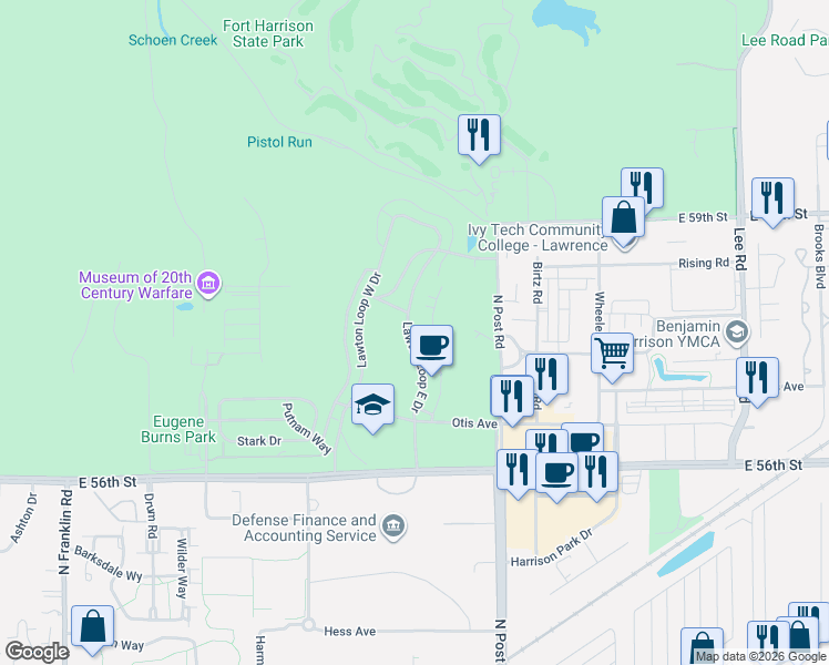 map of restaurants, bars, coffee shops, grocery stores, and more near 5757 Lawton Road in Indianapolis