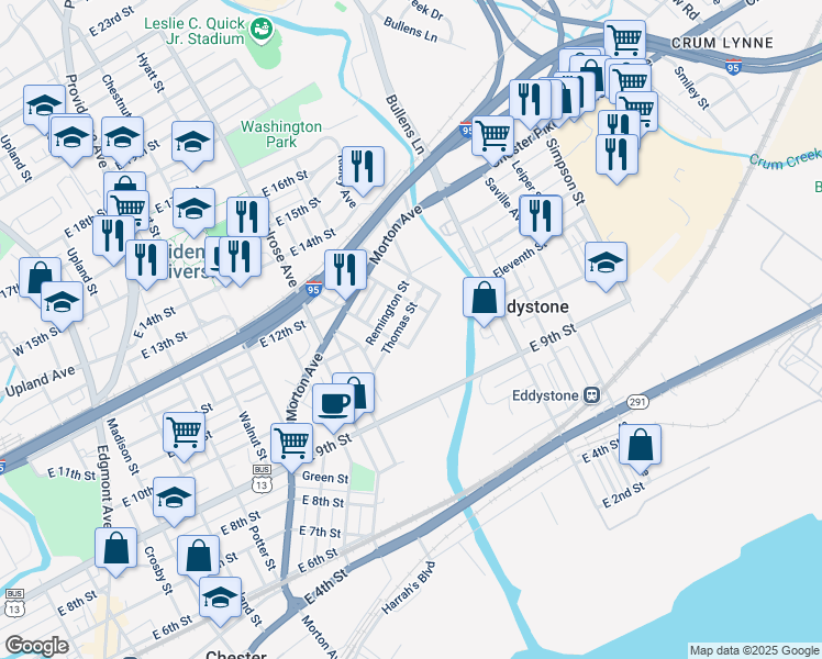 map of restaurants, bars, coffee shops, grocery stores, and more near 1118 Curry Street in Chester