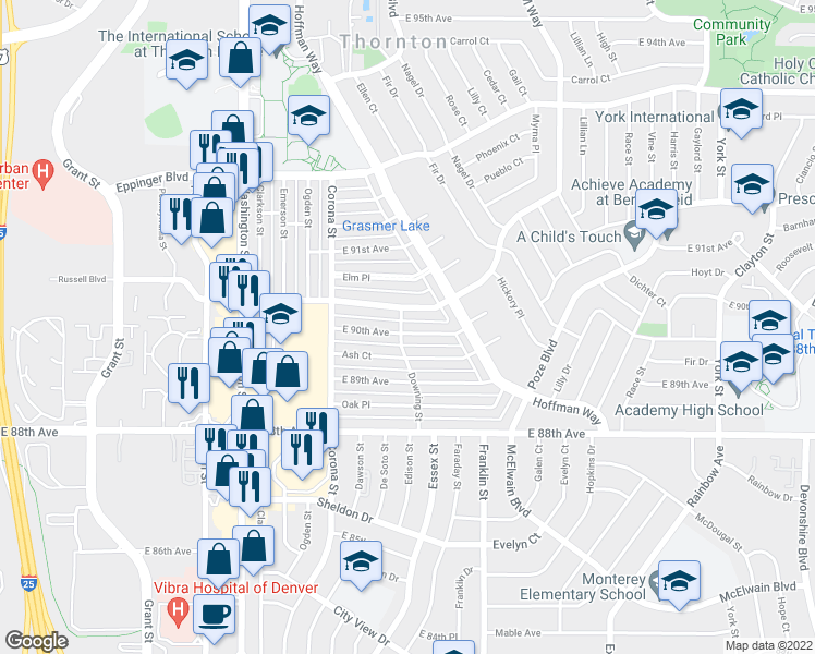 map of restaurants, bars, coffee shops, grocery stores, and more near 1221 East 90th Avenue in Thornton