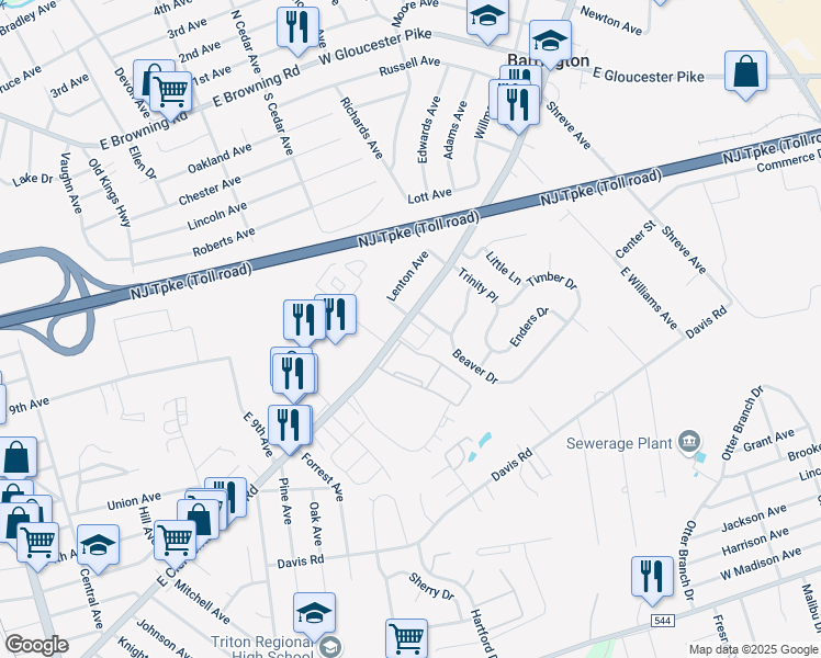 map of restaurants, bars, coffee shops, grocery stores, and more near 1100 Clements Bridge Road in Barrington