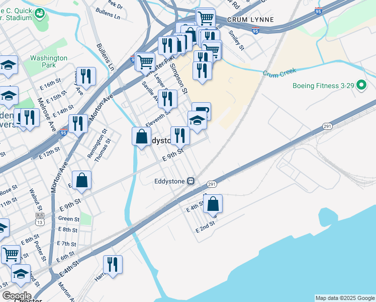 map of restaurants, bars, coffee shops, grocery stores, and more near 731 Saville Avenue in Eddystone