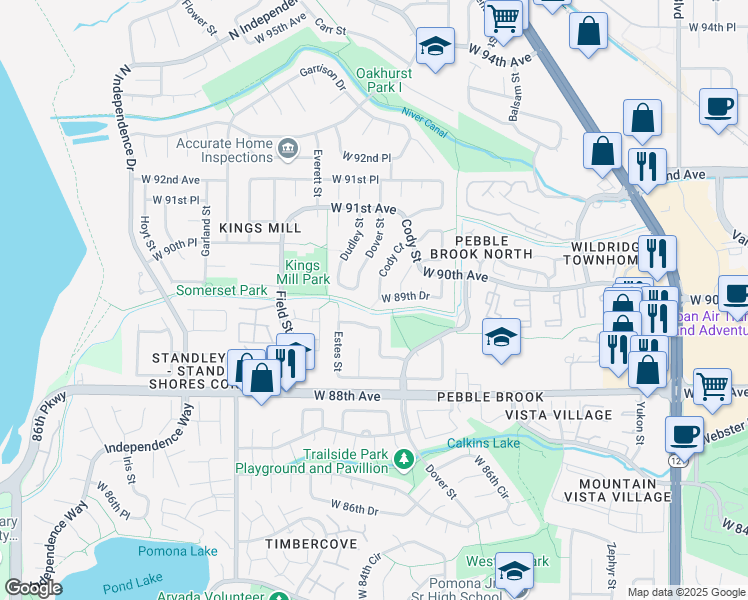 map of restaurants, bars, coffee shops, grocery stores, and more near 8949 Cody Court in Westminster