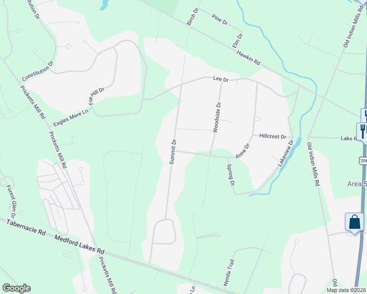 map of restaurants, bars, coffee shops, grocery stores, and more near 52 Summit Drive in Tabernacle
