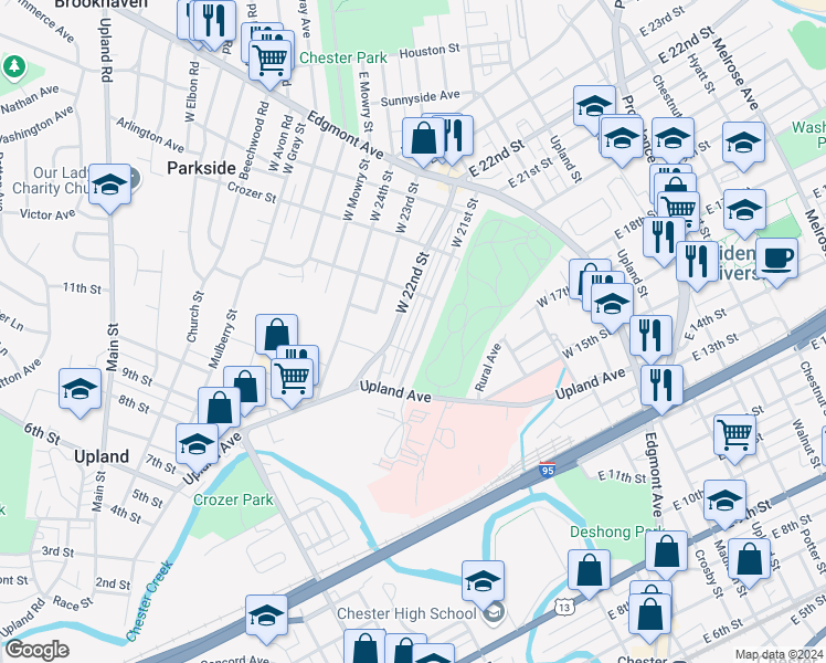 map of restaurants, bars, coffee shops, grocery stores, and more near 344 West 21st Street in Chester