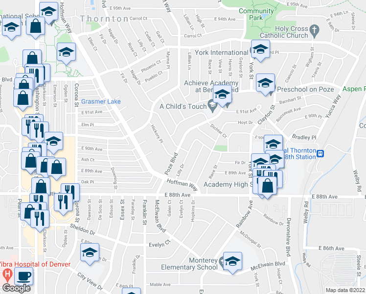 map of restaurants, bars, coffee shops, grocery stores, and more near 8970 Poze Boulevard in Thornton