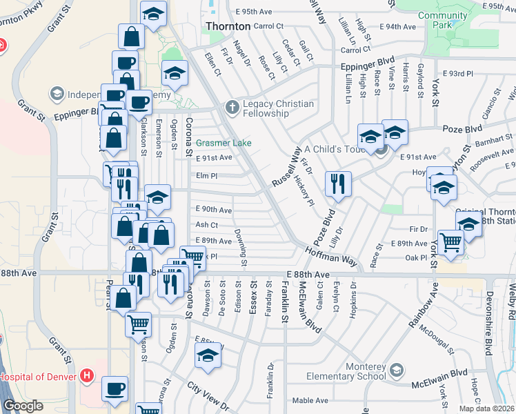 map of restaurants, bars, coffee shops, grocery stores, and more near 1331 East 90th Avenue in Thornton
