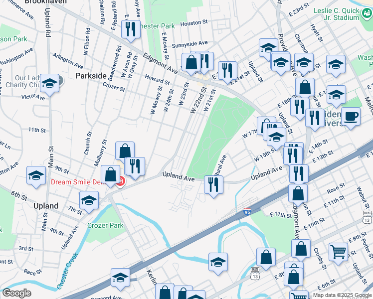 map of restaurants, bars, coffee shops, grocery stores, and more near 344 West 21st Street in Chester
