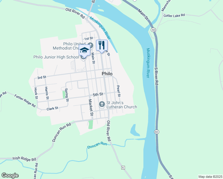 map of restaurants, bars, coffee shops, grocery stores, and more near 415 Water Street in Zanesville