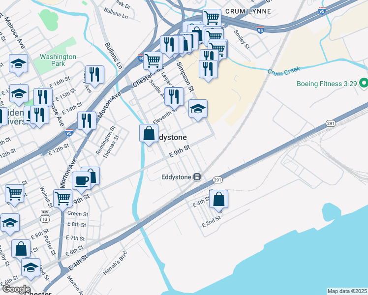 map of restaurants, bars, coffee shops, grocery stores, and more near 1316 9th Street in Crum Lynne