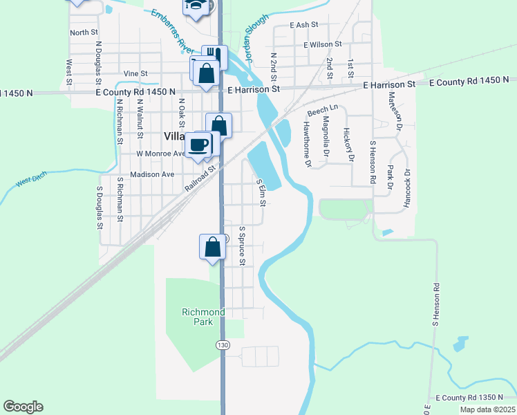 map of restaurants, bars, coffee shops, grocery stores, and more near 402 South Elm Street in Villa Grove