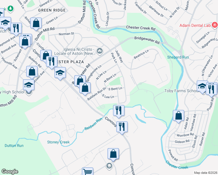 map of restaurants, bars, coffee shops, grocery stores, and more near 2226 South Bent Lane in Aston