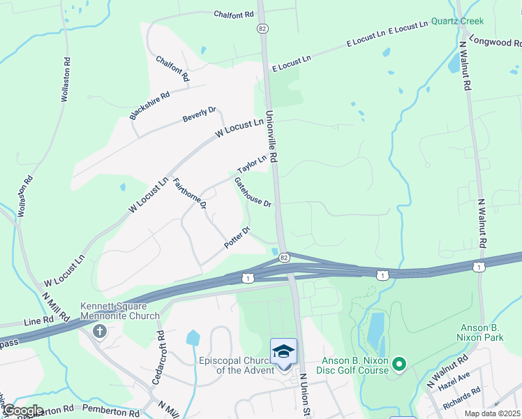 map of restaurants, bars, coffee shops, grocery stores, and more near 102 Gatehouse Drive in Kennett Square