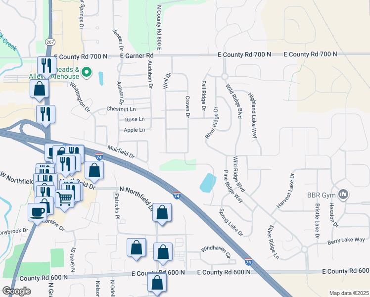 map of restaurants, bars, coffee shops, grocery stores, and more near 8122 Margie Drive in Brownsburg