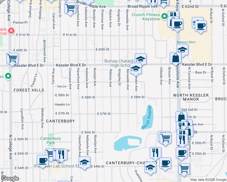 map of restaurants, bars, coffee shops, grocery stores, and more near 5819 Ralston Avenue in Indianapolis