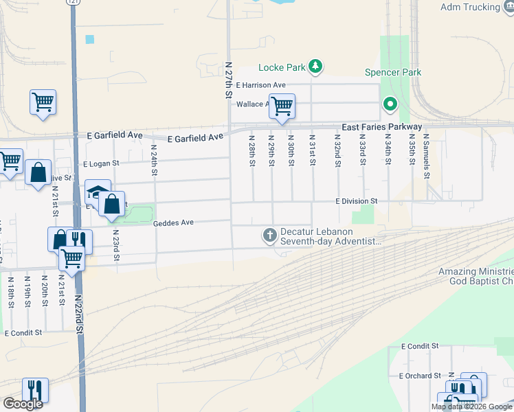 map of restaurants, bars, coffee shops, grocery stores, and more near 2805 East Division Street in Decatur
