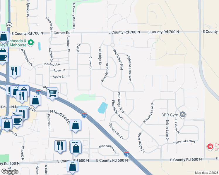 map of restaurants, bars, coffee shops, grocery stores, and more near 1149 River Ridge Drive in Brownsburg