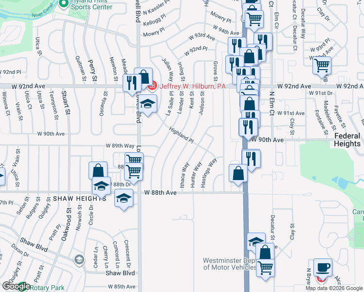 map of restaurants, bars, coffee shops, grocery stores, and more near 8980 Judson Street in Westminster