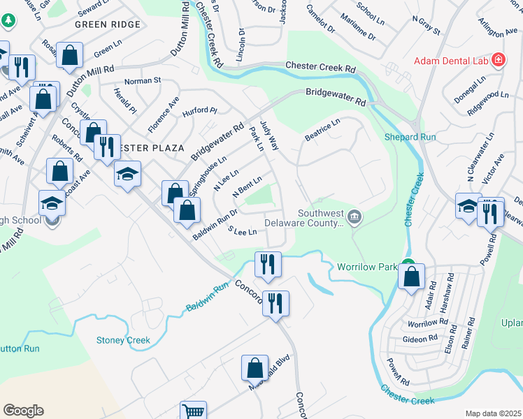 map of restaurants, bars, coffee shops, grocery stores, and more near 2214 South Bent Lane in Aston