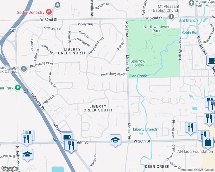map of restaurants, bars, coffee shops, grocery stores, and more near 5836 Annapolis Drive in Indianapolis