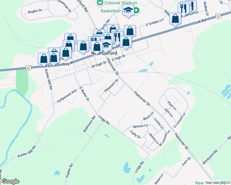 map of restaurants, bars, coffee shops, grocery stores, and more near 14 Sunset Avenue in New Oxford