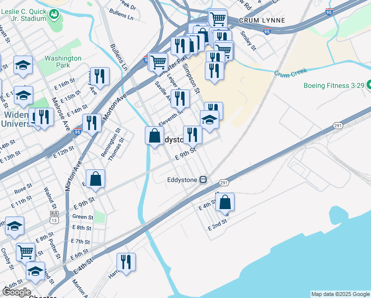 map of restaurants, bars, coffee shops, grocery stores, and more near 1300 9th Street in Crum Lynne