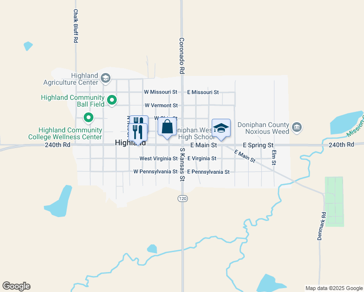 map of restaurants, bars, coffee shops, grocery stores, and more near Kansas 120 in Highland