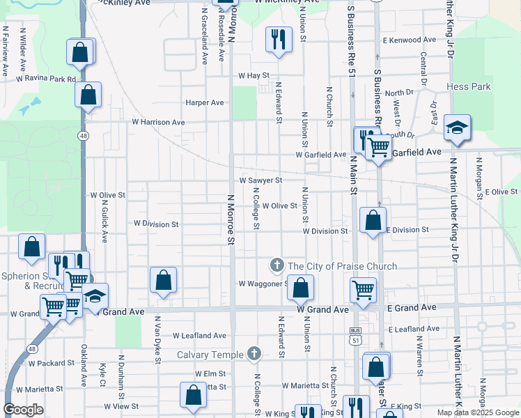 map of restaurants, bars, coffee shops, grocery stores, and more near 1670 North College Street in Decatur