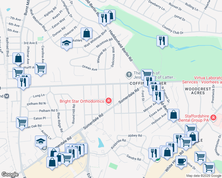 map of restaurants, bars, coffee shops, grocery stores, and more near 6 Bergen Avenue in Voorhees Township