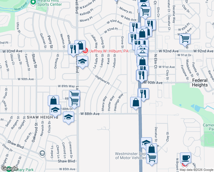 map of restaurants, bars, coffee shops, grocery stores, and more near 8980 Judson Street in Westminster