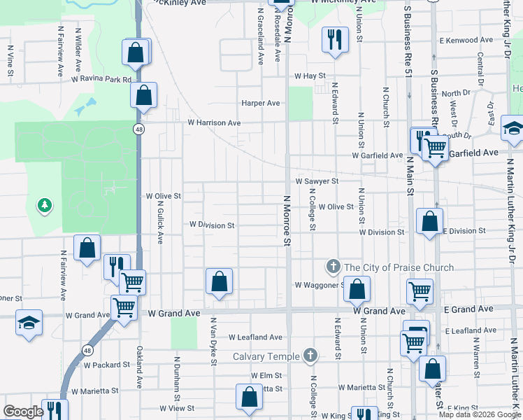 map of restaurants, bars, coffee shops, grocery stores, and more near 601-699 West Olive Street in Decatur