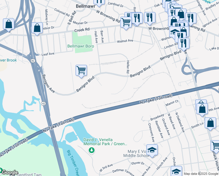 map of restaurants, bars, coffee shops, grocery stores, and more near 180 Heller Place in Bellmawr