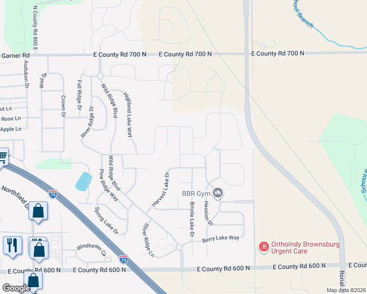 map of restaurants, bars, coffee shops, grocery stores, and more near 6569 Flat Ridge Lane in Brownsburg