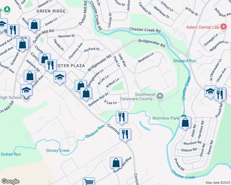 map of restaurants, bars, coffee shops, grocery stores, and more near 2214 South Bent Lane in Aston