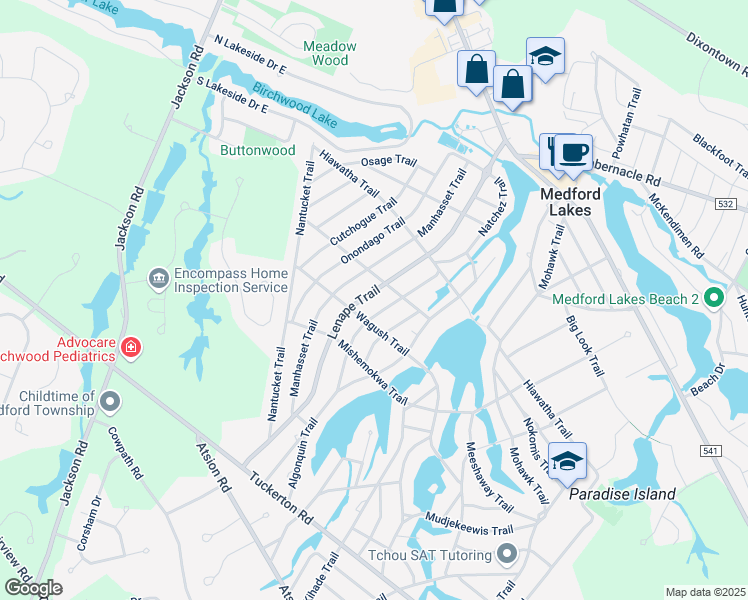 map of restaurants, bars, coffee shops, grocery stores, and more near 96 Lenape Trail in Medford