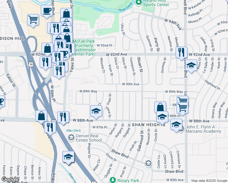 map of restaurants, bars, coffee shops, grocery stores, and more near 8966 Vrain Street in Westminster