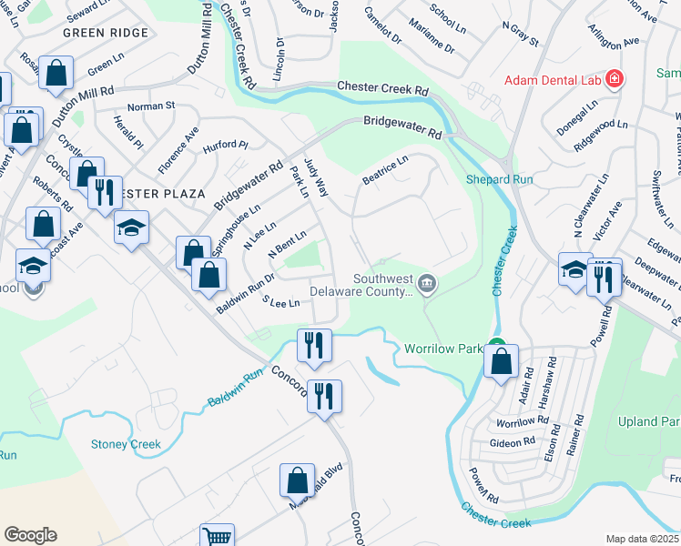 map of restaurants, bars, coffee shops, grocery stores, and more near 4125 Park Lane in Delaware County
