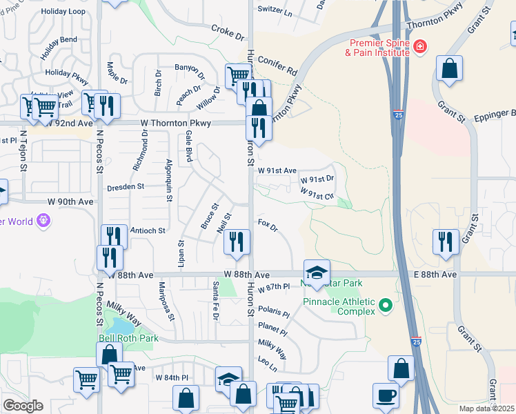 map of restaurants, bars, coffee shops, grocery stores, and more near 8972 Fox Drive in Thornton