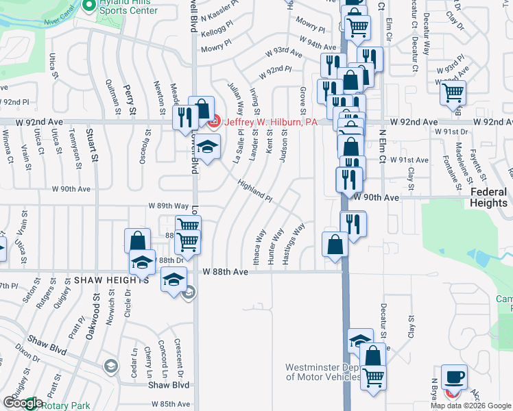 map of restaurants, bars, coffee shops, grocery stores, and more near 8980 Judson Street in Westminster