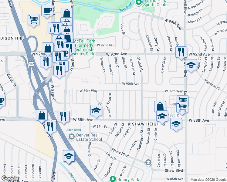 map of restaurants, bars, coffee shops, grocery stores, and more near 8966 Vrain Street in Westminster